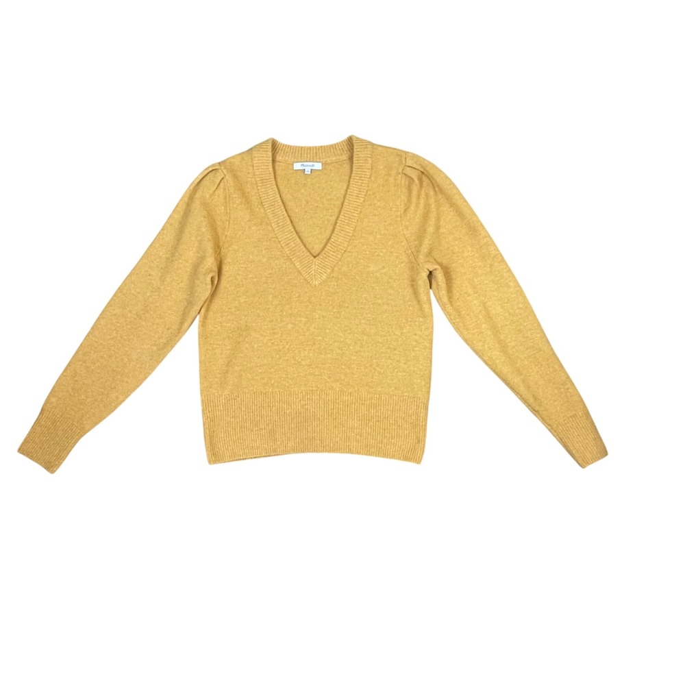 Madewell Mustard Yellow Wool Blend Puff Sleeve V-Neck Sweater AF523 Womens Small
